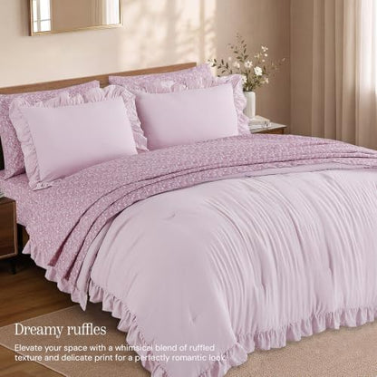 BLOOMHAVEN Queen Comforter Set-7 Pieces Ruffle Bedding with Floral Sheet