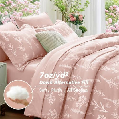 MUXHOMO Cameo Pink Cal King Comforter Set, Elegant Floral Print Bed in a Bag 7 Pieces, Ultra Soft & Breathable Reversible Botanical Pattern Bedding Set with Comforter, Sheets, Pillowcases, and Shams