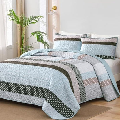 WONGS BEDDING Boho Quilt Queen Size, Patchwork Bedding Set, Blue Brown