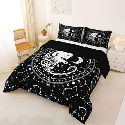 Cute Cats Comforter Set Twin,Gothic Star Sky Moon Constellation Bedding Set 2pcs for Kids Teens Boy Girls Room Decor,Animals Flower Plants Quilt Set Black Exotic Duvet Insert with 1 Pillowcase