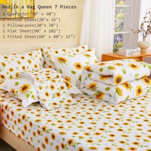 lasoftan Floral Queen Comforter Set with Sheets, 7 piece Luxury Vintage Bedding, Soft Microfiber Bed in a Bag, Cozy Lightweight Bed Set, Lavender Flower Grey Leaf