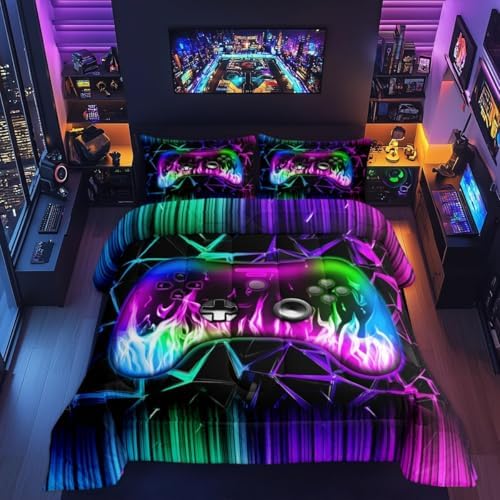 Castle Fairy Kids Gaming Bed Comforter Set Queen Size,Geometric Honeycomb Gamepad Super Soft Microfiber Bedding Set for Adults Teens,Modern Video Games Comforter Set,2 Pillowcases