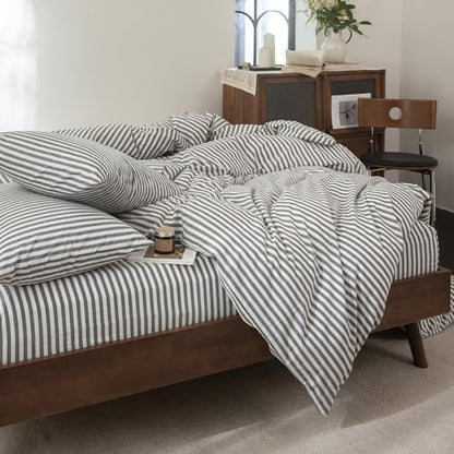 FOSSA Striped Duvet Cover Set 100% Washed Cotton Linen Feel California King