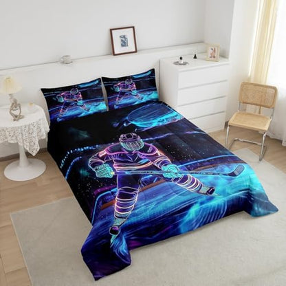 Castle Fairy Ice Hockey Bedding Set Hockey Player Comforter Set for Kids Boys Hockey Stadium Rink Comforter Blue Neon Hockey Quilt Set 1 Comforter Set with 1 Pillowcase Toddler Size