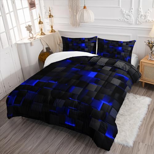 Nttopship Geometric Blue Black Comforter Set,Light Honeycomb 3 Piece Bedding Set Twin Size for Teen Boys,Modern Quilt Set Geometry Decor,Microfiber Lightweight 1 Comforter 2 Pillowcases All Season