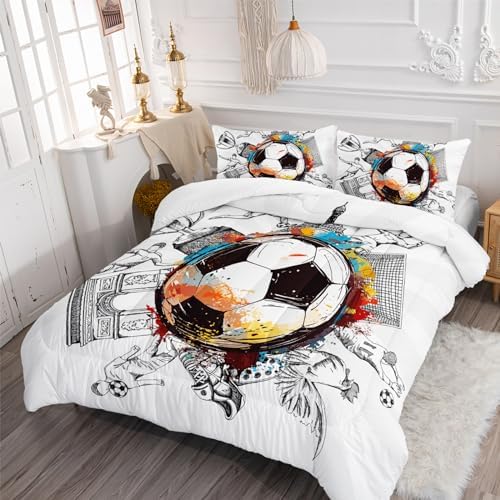 Nttopship Soccer Sports Comforter Set Full Size,100% Soft Ultra-fine Fiber Four Season Hand Drawn Graffiti Style Comforter Set,with 1 Comforter and 2 Pillow Case