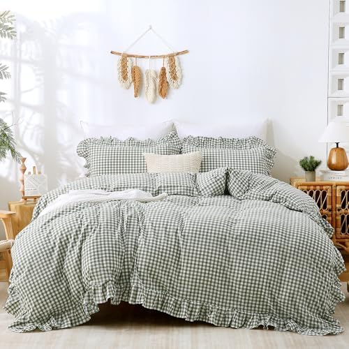 ATsense Green Gingham Ruffle Duvet Cover Set Cotton Like Linen, Queen