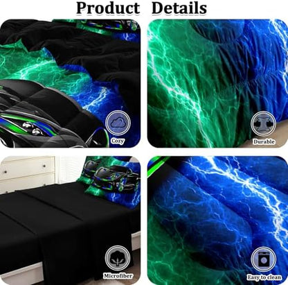 5 Pcs Twin Car Bedding Sets for Boys Teen, Blue Green Lightnings Car Twin Comforter Set for Boys, Twin Boy Bedding Set