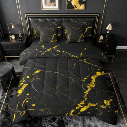 Erosebridal Marble Gold Textured King Bed in A Bag 7 Piece Stone Pattern Comforter Set with Sheets Ink Painting Marbling Bedding Sets for Kids Adults,Simple Modern Bed Set