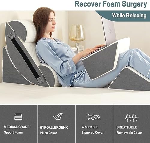Wedge Pillow for Sleeping - High Density Foam Triangle Pillow for Elevated Sleeping, Post Surgery Support, Bed Wedge Pillow for Headboard, White Grey, 7.5" (White Grey, 6PCS)