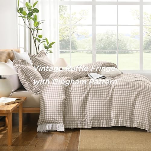 Andency Tan Gingham Duvet Cover Full, Ruffle Shabby Chic Bedding Set 3 Pcs