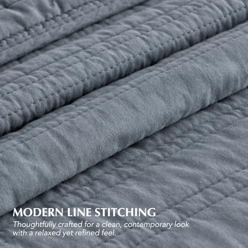 EVERGRACEHOME 100% Cotton Modern Lines Quilt Set King Size, Smoky Blue