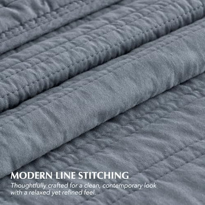 EVERGRACEHOME 100% Cotton Modern Lines Quilt Set King Size, Smoky Blue