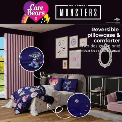 Care Bears x Universal Monsters Halloween Bedding 7 Piece Super Soft Cozy Reversible Comforter and Sheet Set with Sham, Full, (Officially Licensed Product) By Franco
