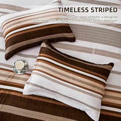 Dobuyly Fall Brown Comforter Full Size Set 7 Pieces, Boho Striped Bed in a Bag Full Soft Microfiber Bedding Set with Comforter, Sheets, Pillowcases & Shams