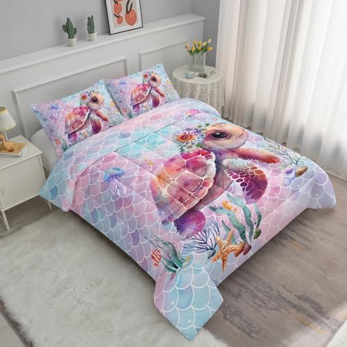 Axolotl Turtle Bedding Set King for Kids Boys,Colorful Underwater World Comforter Set for Girls Teens,Ocean Sealife Comforter with Jellyfish,Colorful Fish Scales Print Bedding,1 Quilt 2 Pillowcases