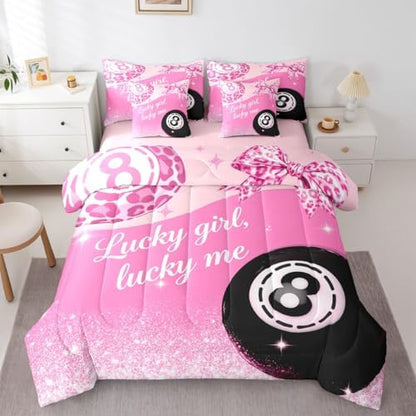 Erosebridal Pink Leopard Bow Girls Full Bedding Set 7 Piece Preppy Fashion Y2K Comforter Set Cheetah Print Lucky 8 Ball Bed in A Bag with Sheets for Kids Teen Adults,Girly Coquette Y2K Bed Set
