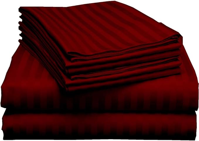 Mattress-Homes Ultra-Soft Breathable, Hotel Luxury Collection, Split King Size 7 Piece Crisp Sheet Set, 100% Egyptian Cotton, Extra Deep Pocket Upto 21", Machine Washable Sheets in Burgundy Stripe