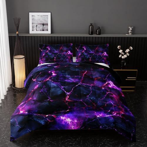 Nttopship Purple Comforter Set Full Size，Purple Marble Bedding Set 3 Pcs Bedding for Adults,Violet Marble Room Decor with Soft and Lightweight Comforter and 2 Pillowcases