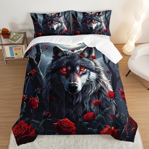 Wolf Bedding Comforter Sets Full Size,Moon Night Forest Floral Printed Bedding Set for Kids Girls Boys Room Decor,Western Animal Themed Bedding Comforter Sets with 2 Pillowcases.