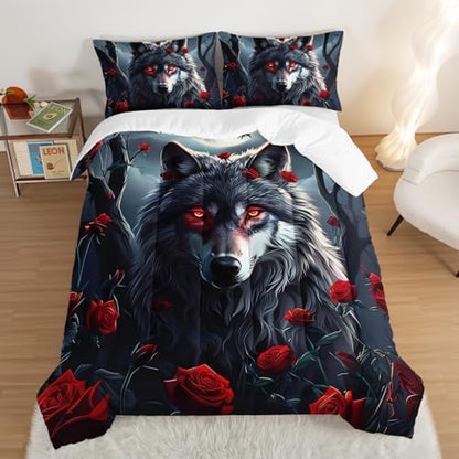 Wolf Bedding Comforter Sets Queen Size,Moon Night Forest Floral Printed Bedding Set for Kids Girls Boys Room Decor,Western Animal Themed Bedding Comforter Sets with 2 Pillowcases.