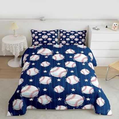 Castle Fairy Baseball Comforter Set Twin,Ball Sports Games Bedding Set 2pcs for Kids Boys Teens Room Decor,Geometric Star Lines Duvet Insert Navy Blue White Quilted Duvet with 1 Pillowcase