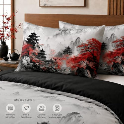 CCoutueChen Asian Chinese Comforter Set King Size, Black Red