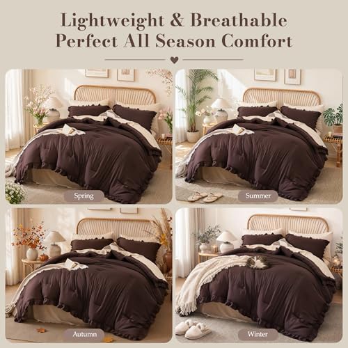JANZAA Brown Comforter Set Twin, Ruffle Soft Bedding