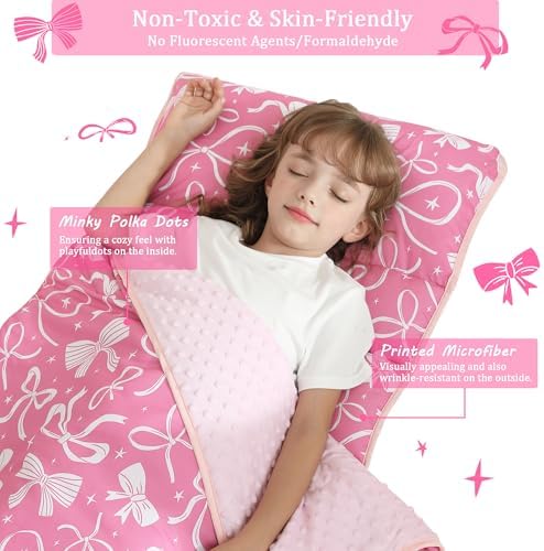 Toddler Nap Mat for Preschool 50''x30'' Sleeping Mat with Removable Pillow and Minky Blanket for Kids Ages 3-7 Roll Up Soft Sleeping Bag for Boys Girls Kindergarten Daycare Sleepover