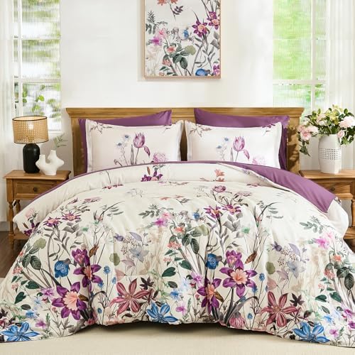 WONGS BEDDING Floral Comforter Set King 7 Piece Purple Bedding