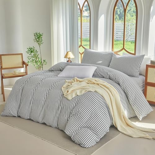 Striped Duvet Cover Set King Size 3 Pcs 100% Washed Cotton Linen Feel Bedding Set Soft Breathable (King, Classic Stripe-Dark Grey/White)