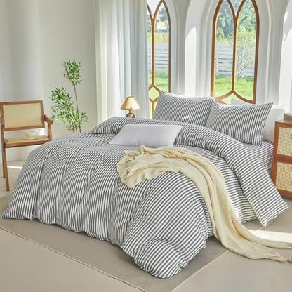 Striped Duvet Cover Set King Size 3 Pcs 100% Washed Cotton Linen Feel Bedding Set Soft Breathable (King, Classic Stripe-Dark Grey/White)