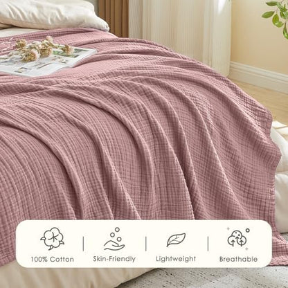 EMME Muslin Blankets for Adults Throw Blanket for Couch Breathable Gauze Soft Lightweight Airy Dusty Pink Twin XL 66" x 90"