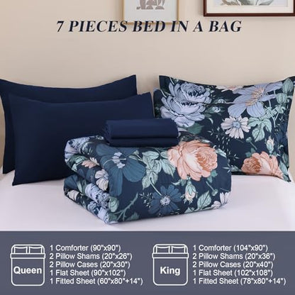 Luxudecor Floral Comforter Set-7 Pieces Bed in a Bag King,Colorful Flowers Print on Dark Blue Bedding Set,Soft Microfiber Comforter with Sheets for All Seasons (Dark Blue,104"x90")