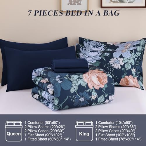 Luxudecor Queen Floral Comforter Set-7 Pieces Bed in a Bag,Colorful Flowers Print on Dark Blue Bedding Set,Soft Microfiber Comforter with Sheets for All Seasons (Dark Blue,90"x90")