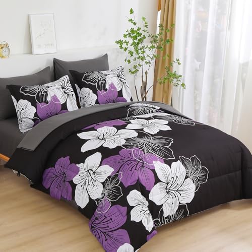 Luxudecor Floral Comforter Set Twin Size, 5 Pieces Bed in a Bag Purple Floral Comforter and Sheet Set, Soft Microfiber Complete Bedding Sets for All Seasons