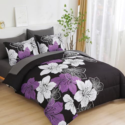 Luxudecor Floral Comforter Set Twin Size, 5 Pieces Bed in a Bag Purple Floral Comforter and Sheet Set, Soft Microfiber Complete Bedding Sets for All Seasons