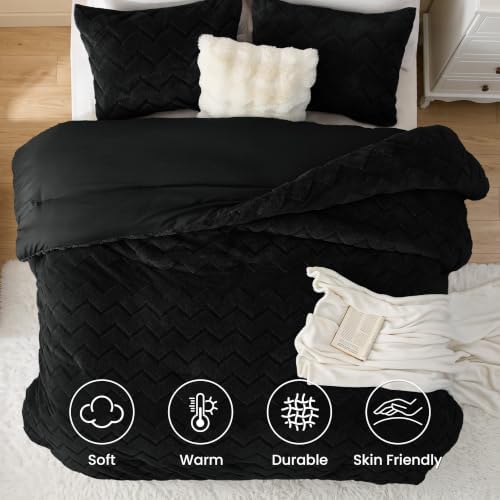 Love's cabin Fleece King Comforter Set, Fluffy Reversible Bedding, Black