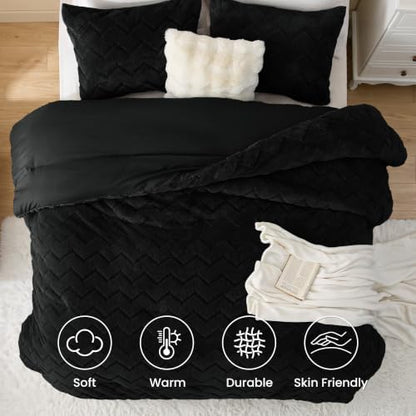 Love's cabin Fleece King Comforter Set, Fluffy Reversible Bedding, Black