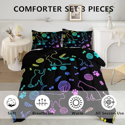 Axolotl Neon Cat Bedding Comforter Set King,Cartoon Cats Bedding Paw Ball of Yarn,Colorful Gradient Line Cats Kids Bed Set for Cat Lover Girls Boys Adults,Cartoon Animal Comforter with 2 Pillow Cases