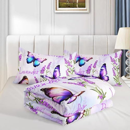 Pretty Butterfly Comforter Set King Size,Prowence Lavender Printed Comforter Bedding Sets for Kids Girls Toddler Room Decor Aesthetics,Fantasy Floral Bedding Sets with 2 Pillowcases.