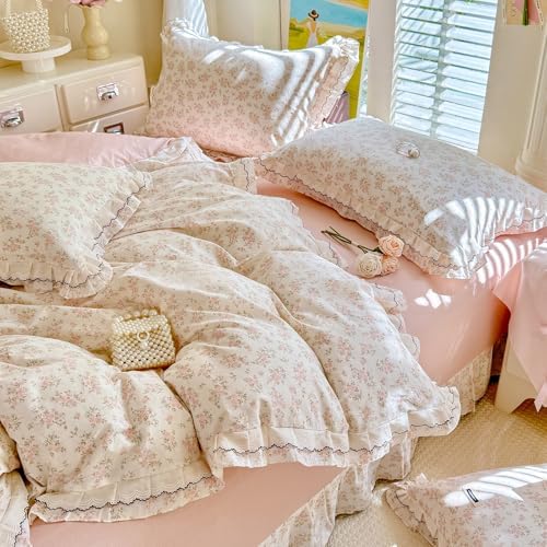LifeTB Pink Floral Duvet Cover Set King, 100% Cotton Peach Flower Pattern Romantic Ruffle Comforter Cover, Vintage Cottagecore Botanical Duvet Cover, Aesthetic French Style Princess Lace Bedding Set