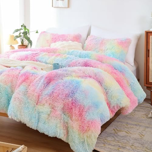 Smoofy Fluffy Twin Comforter Set, Rainbow Faux Fur Comforter Set 2 Pieces