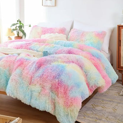 Smoofy Fluffy Twin Comforter Set, Rainbow Faux Fur Comforter Set 2 Pieces