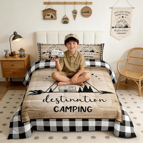 Manfei Camping Travel Comforter Set Full,Camper Car Bedding Set 3pcs for Kids Youths Adults RV Trailer Decor,Geometric Plaid Sun Moon Quilt Set,Wild Rustic Farmhouse Duvet Insert with 2 Pillowcases