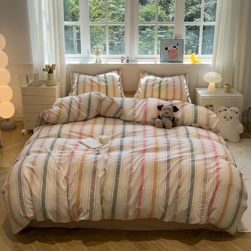 mixinni Vintage Striped Duvet Cover Set Twin Size, 3-Piece 100% Washed Cotton Bedding Set - Soft & Breathable Colorful Comforter Cover with Zipper, All-Season Lightweight Bed Set for Cozy Home