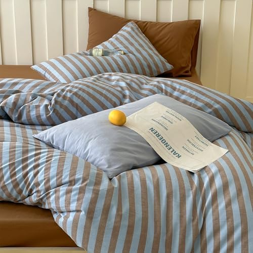 LifeTB Vintage Striped Comforter Set Twin XL, Blue Brown Stripes Print Reversible Bedding Set, 3 Pieces Lightweight Bedding Comforter with 2 Pillowcases, Farmhouse Striped Twin XL Comforter Set