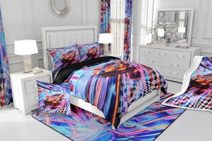 Erosebridal Orange Racing Car 3 Piece Bedding Set King Size Extreme Sport Comforter Set with Pillowcases for Kids Boys Girls Teens Toddler Race Car Room Decor Black White Flag Bed Set,Orange Blue