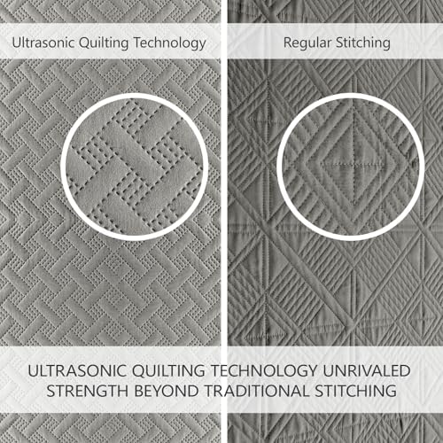 FLYMME Queen Quilt Bedding Set Dark Grey Lightweight Bedspreads Full Size,Modern Style Geometric Weave Stripe Pattern,Soft Microfiber Bed Coverlet for All Season (1 Quilt, 2 Shams)