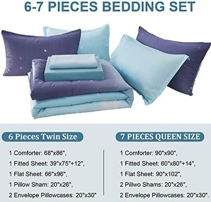 Dinjoy Girls Comforter Set Full Size Colorful Ombre Blue Purple Rainbow Bedding Set Bed in A Bag for Kid Teen Girls 7 Pieces (1 Comforter, 1 Flat Sheet, 1 Fitted Sheet, 2 Pillow Shams, 2 Pillowcases)
